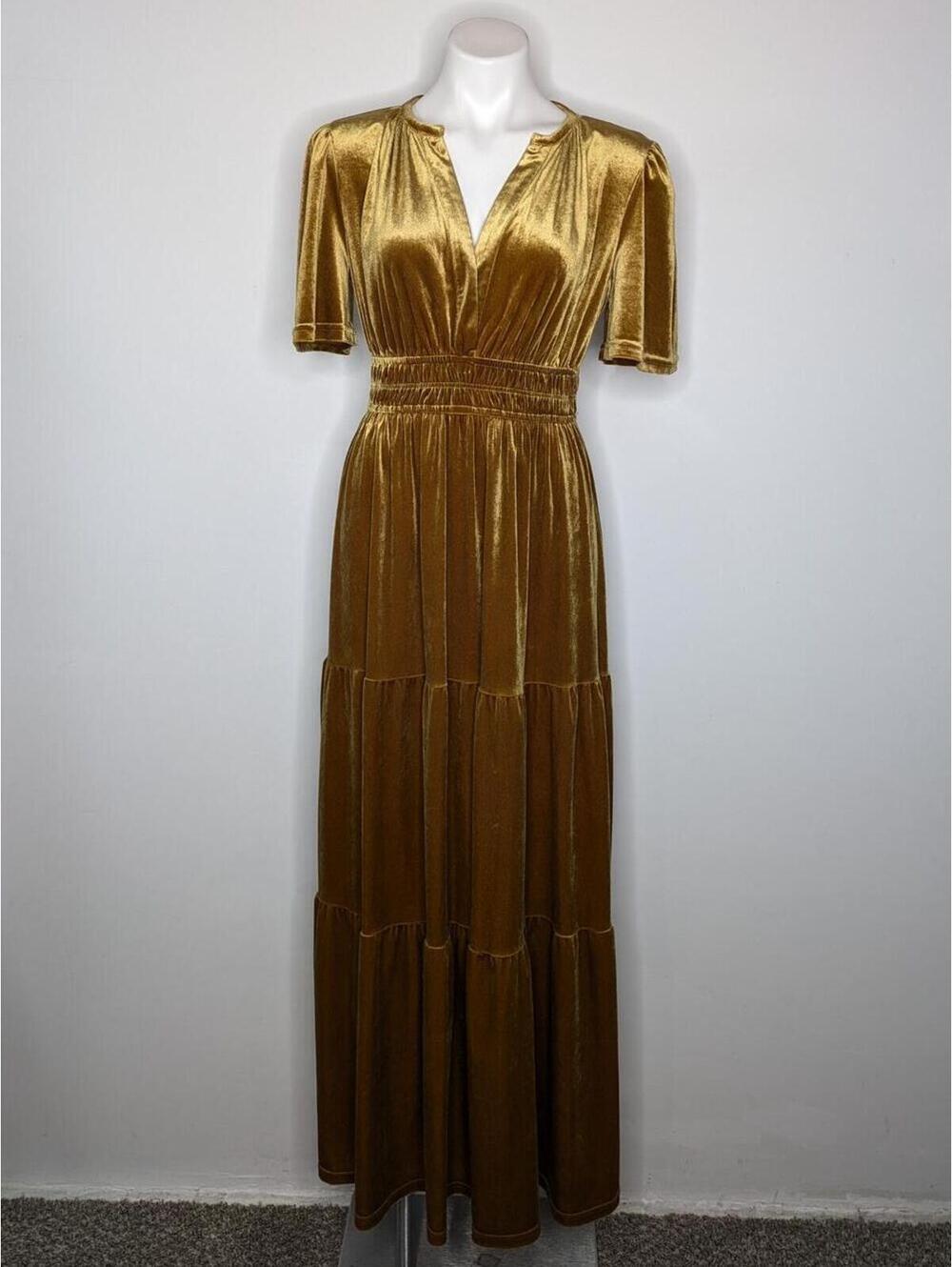 Baltic Born Artemis Gold Velvet Short Sleeve V Neck Maxi Dress M